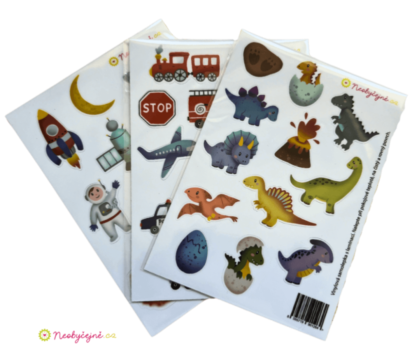 VÝHODNÝ SET / 3x samolepky / na kolo, odrážedlo, helmu / dinosauři, doprava, vesmír