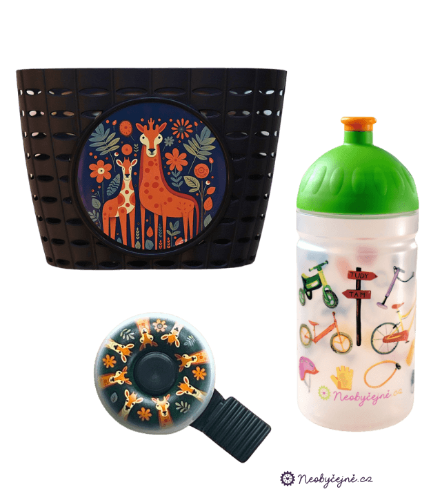 DÁRKOVÁ SADA / košík a zvonek (žirafy) / lahev Cyklovýlet (zelené víčko)