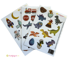 VÝHODNÝ SET / 3x samolepky / na kolo, odrážedlo, helmu / dinosauři, doprava, vesmír